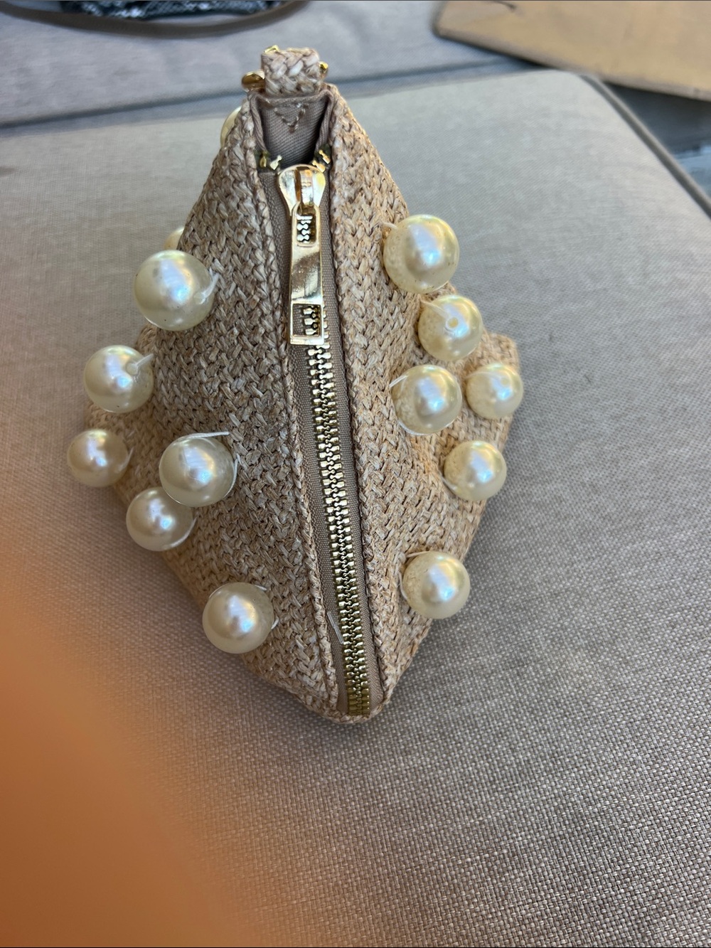 Pearl-Embellished Straw Mini Wristlet in Beige